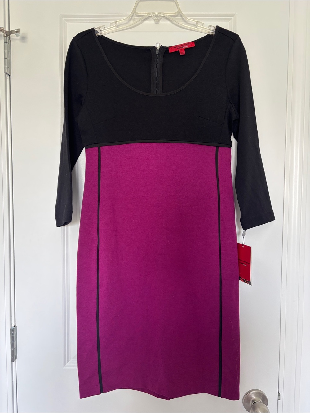 NWT Narciso Rodriguez Black and Magenta Colorblock 3/4 Sleeve Sheath Dress